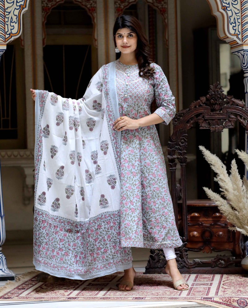 Miravan Women's Blue Anarkali Kurta with Floral Dupatta - Image 1